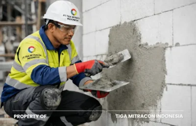 Tim Tiga Mitracon Yogyakarta melakukan pekerjaan plester dinding menggunakan semen mortar