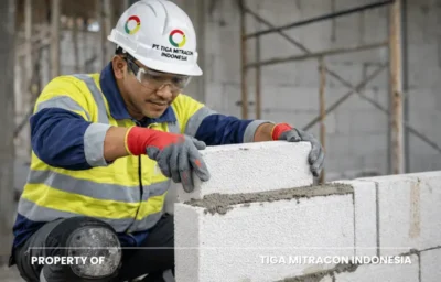 Tim Tiga Mitracon Yogyakarta memasang bata ringan pada proyek pembangunan