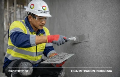 Tim Tiga Mitracon Yogyakarta melakukan pekerjaan acian dinding menggunakan semen mortar