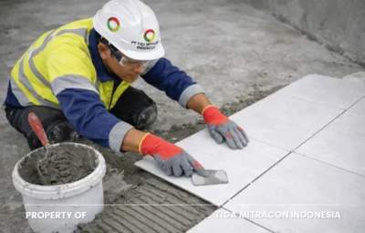 Tim Tiga Mitracon Yogyakarta melakukan pemasangan keramik lantai menggunakan semen mortar
