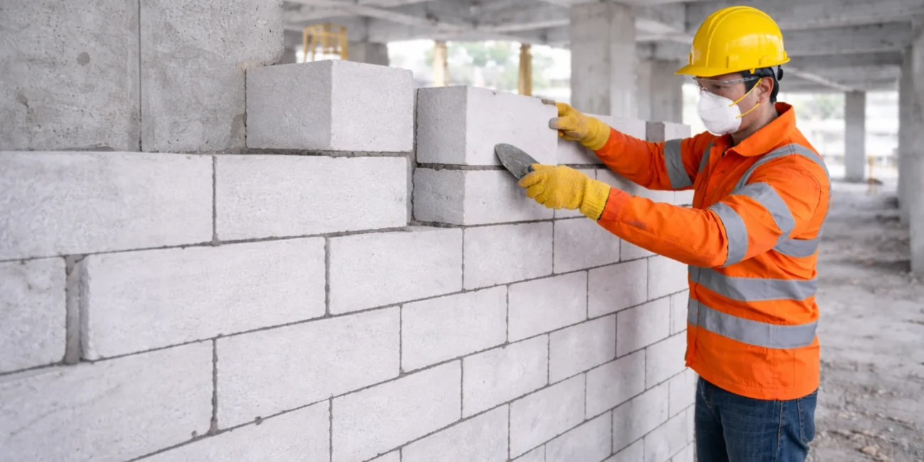 Proses pemasangan bata ringan pada dinding bangunan di Yogyakarta oleh pekerja konstruksi